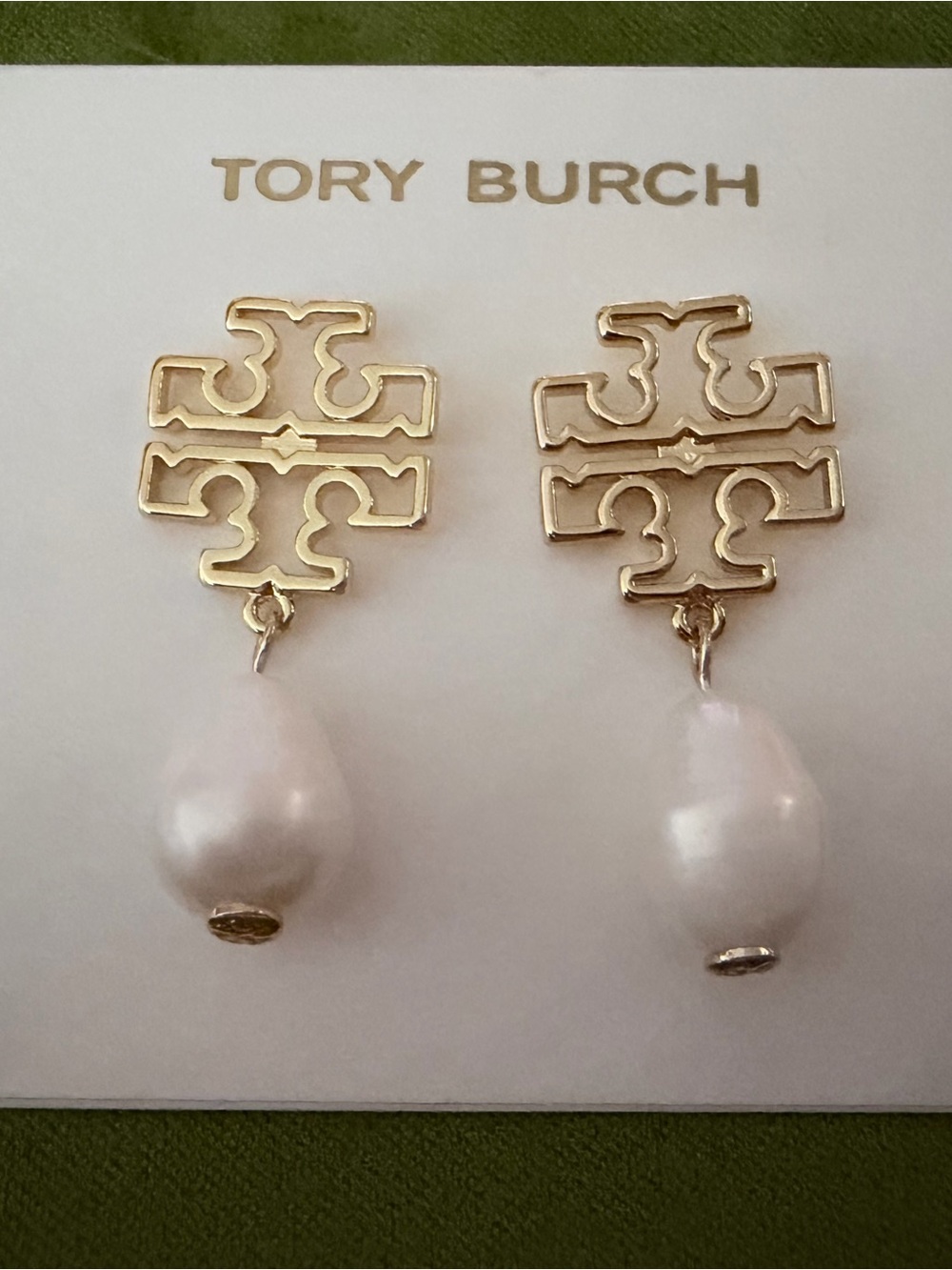 Tory Burch Gold Logo Earrings with White Pearl Drops